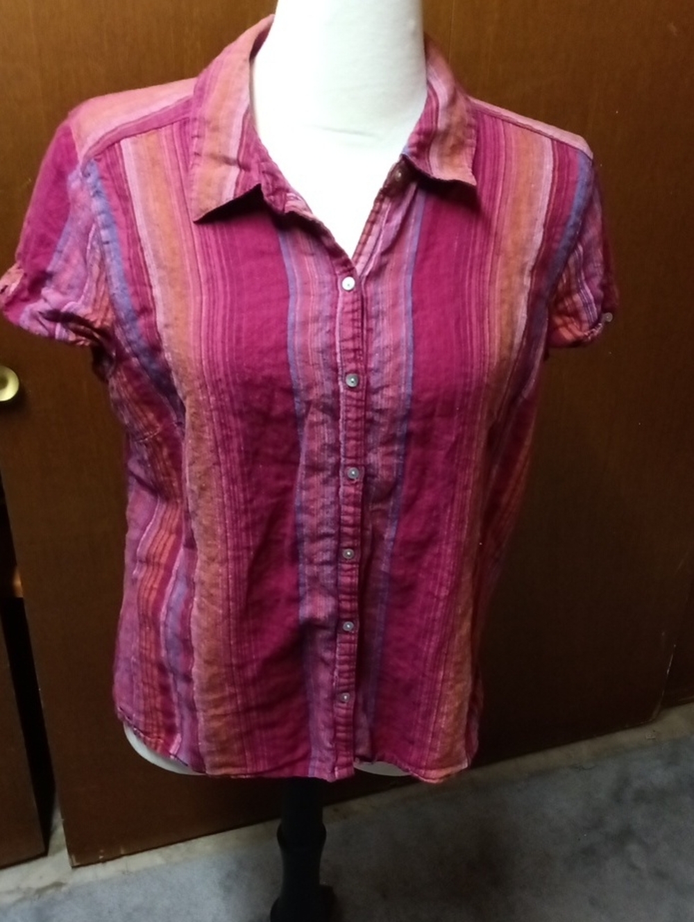 Cherokee Striped Short Sleeve Button-Down in Pink, Purple & Orange
